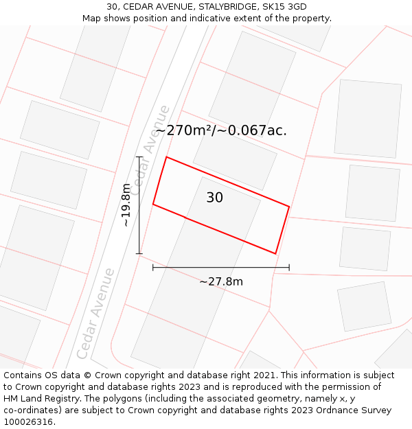 30, CEDAR AVENUE, STALYBRIDGE, SK15 3GD: Plot and title map