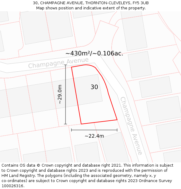 30, CHAMPAGNE AVENUE, THORNTON-CLEVELEYS, FY5 3UB: Plot and title map