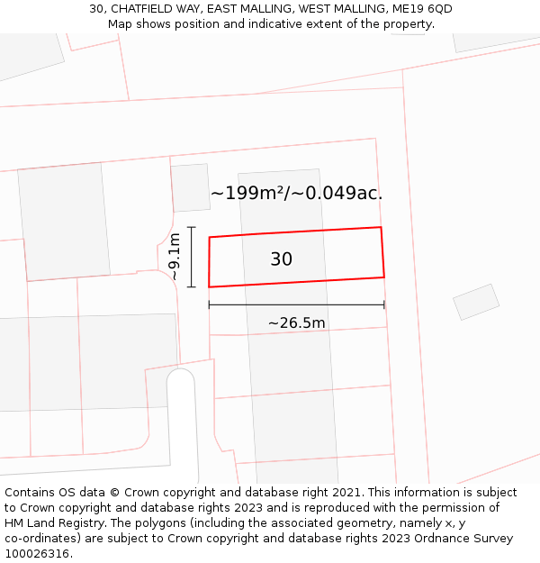 30, CHATFIELD WAY, EAST MALLING, WEST MALLING, ME19 6QD: Plot and title map