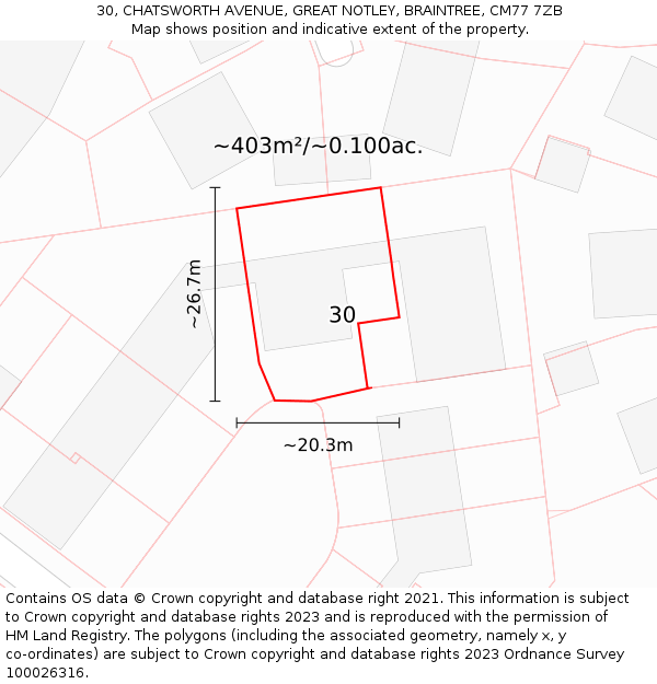 30, CHATSWORTH AVENUE, GREAT NOTLEY, BRAINTREE, CM77 7ZB: Plot and title map