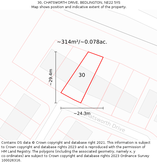 30, CHATSWORTH DRIVE, BEDLINGTON, NE22 5YS: Plot and title map