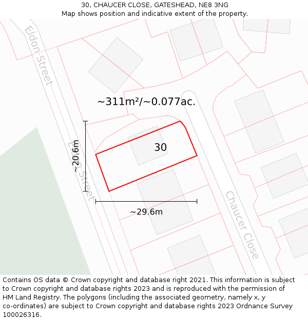 30, CHAUCER CLOSE, GATESHEAD, NE8 3NG: Plot and title map