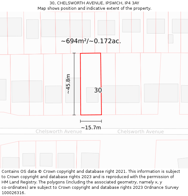 30, CHELSWORTH AVENUE, IPSWICH, IP4 3AY: Plot and title map