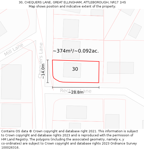 30, CHEQUERS LANE, GREAT ELLINGHAM, ATTLEBOROUGH, NR17 1HS: Plot and title map