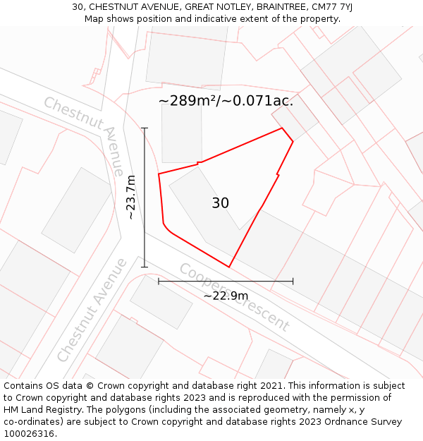 30, CHESTNUT AVENUE, GREAT NOTLEY, BRAINTREE, CM77 7YJ: Plot and title map