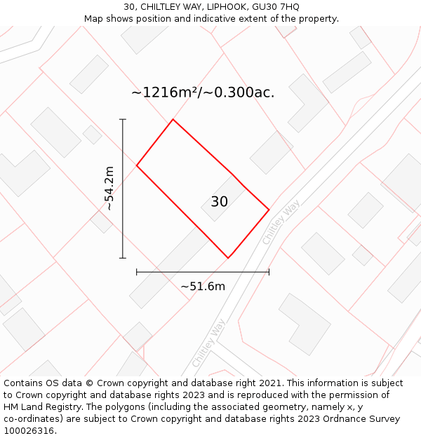 30, CHILTLEY WAY, LIPHOOK, GU30 7HQ: Plot and title map