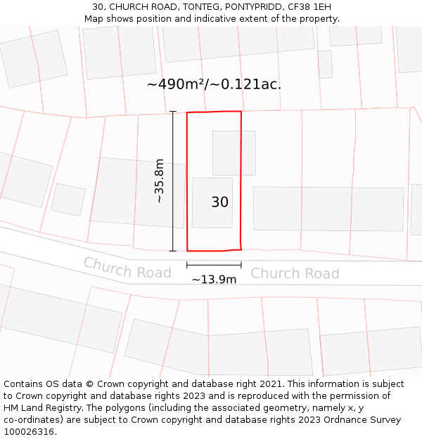 30, CHURCH ROAD, TONTEG, PONTYPRIDD, CF38 1EH: Plot and title map