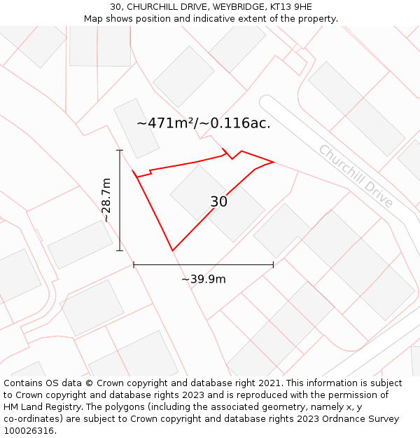 30, CHURCHILL DRIVE, WEYBRIDGE, KT13 9HE: Plot and title map