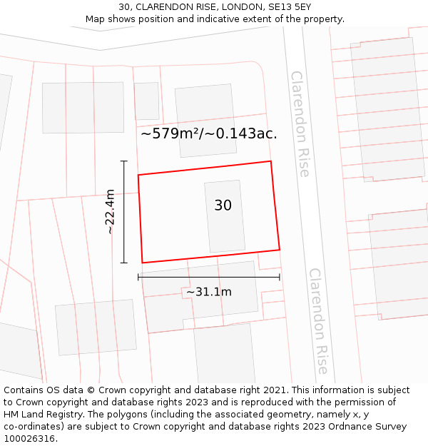 30, CLARENDON RISE, LONDON, SE13 5EY: Plot and title map