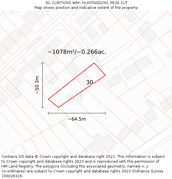 30, CLAYTONS WAY, HUNTINGDON, PE29 1UT: Plot and title map