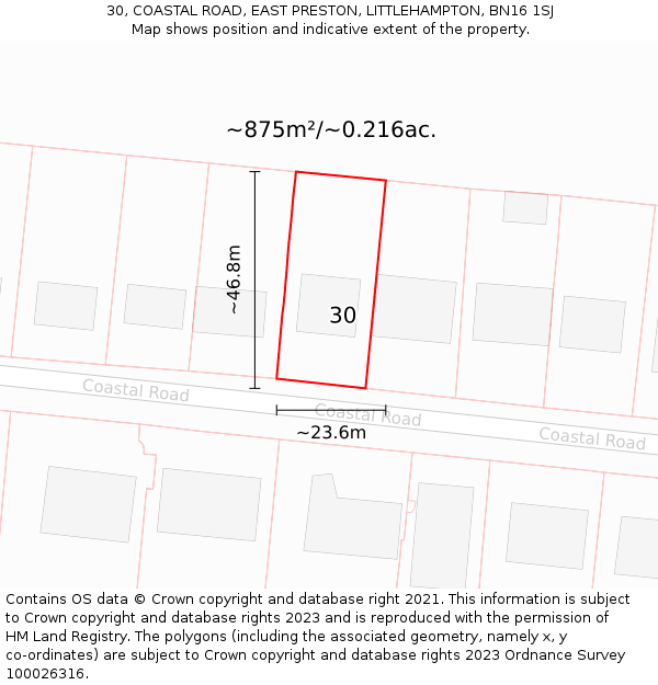 30, COASTAL ROAD, EAST PRESTON, LITTLEHAMPTON, BN16 1SJ: Plot and title map