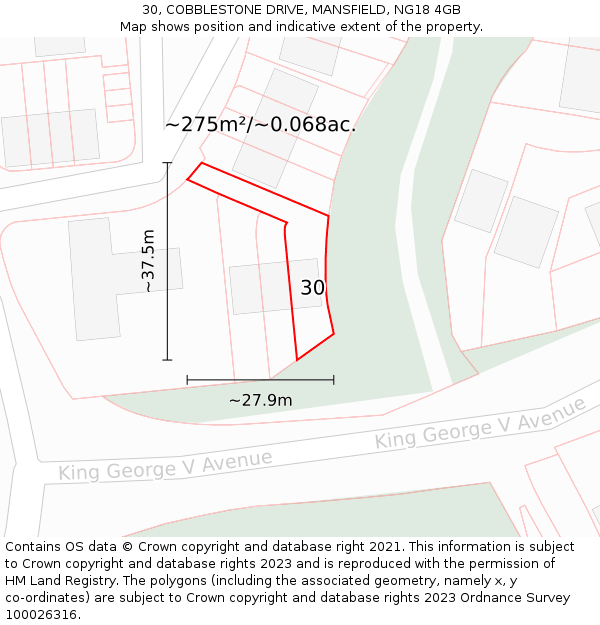 30, COBBLESTONE DRIVE, MANSFIELD, NG18 4GB: Plot and title map