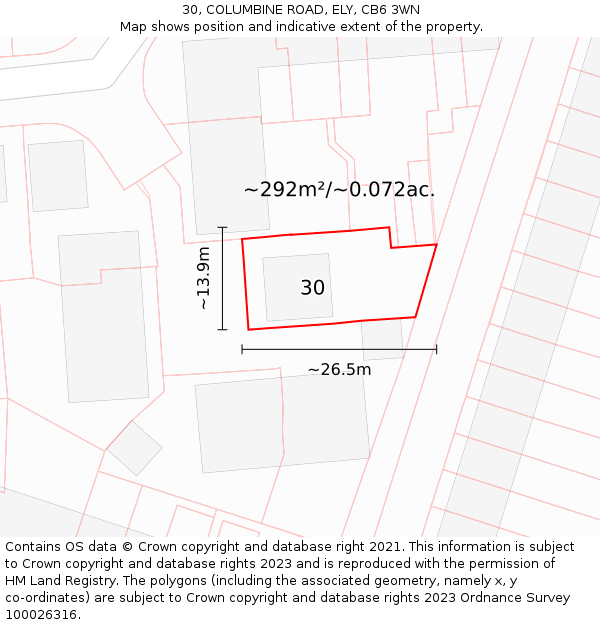 30, COLUMBINE ROAD, ELY, CB6 3WN: Plot and title map
