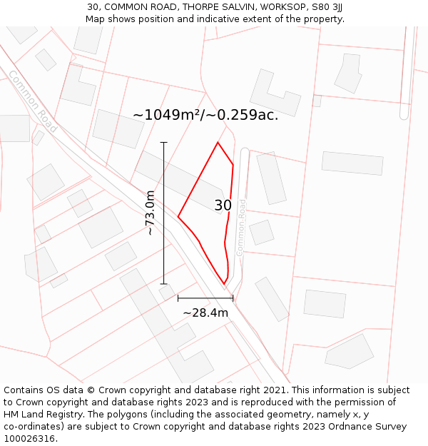 30, COMMON ROAD, THORPE SALVIN, WORKSOP, S80 3JJ: Plot and title map