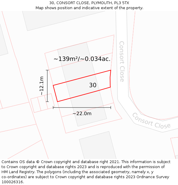 30, CONSORT CLOSE, PLYMOUTH, PL3 5TX: Plot and title map
