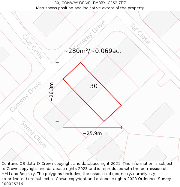 30, CONWAY DRIVE, BARRY, CF62 7EZ: Plot and title map