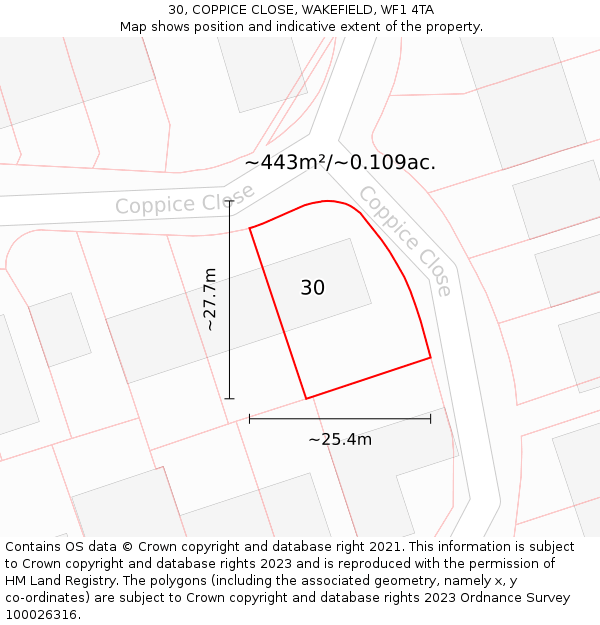 30, COPPICE CLOSE, WAKEFIELD, WF1 4TA: Plot and title map