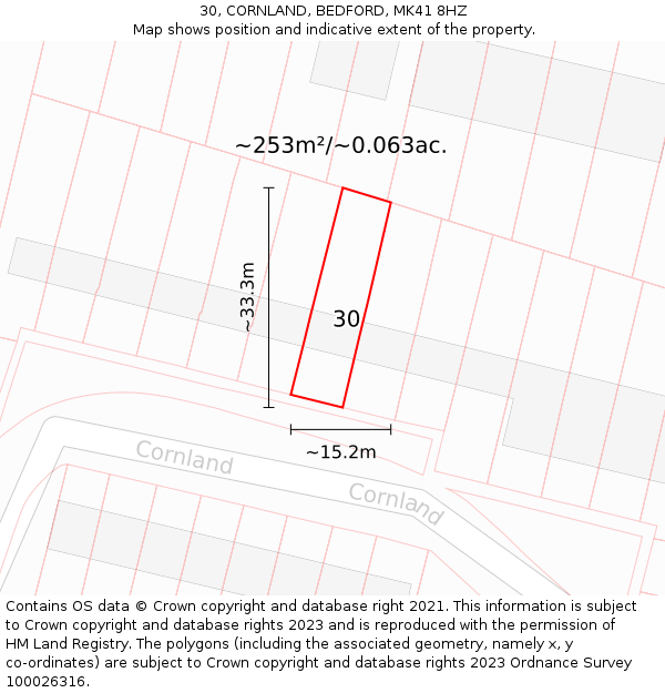 30, CORNLAND, BEDFORD, MK41 8HZ: Plot and title map