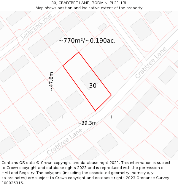 30, CRABTREE LANE, BODMIN, PL31 1BL: Plot and title map