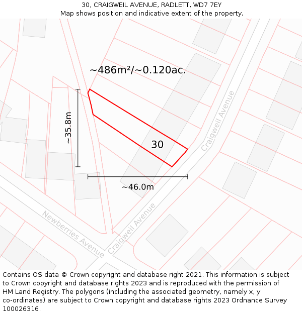 30, CRAIGWEIL AVENUE, RADLETT, WD7 7EY: Plot and title map