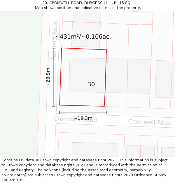 30, CROMWELL ROAD, BURGESS HILL, RH15 8QH: Plot and title map