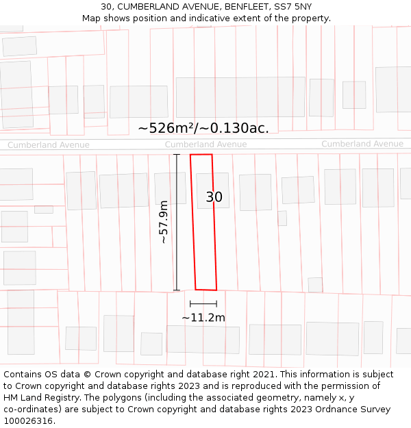 30, CUMBERLAND AVENUE, BENFLEET, SS7 5NY: Plot and title map