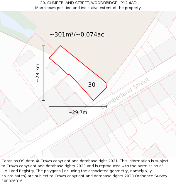 30, CUMBERLAND STREET, WOODBRIDGE, IP12 4AD: Plot and title map