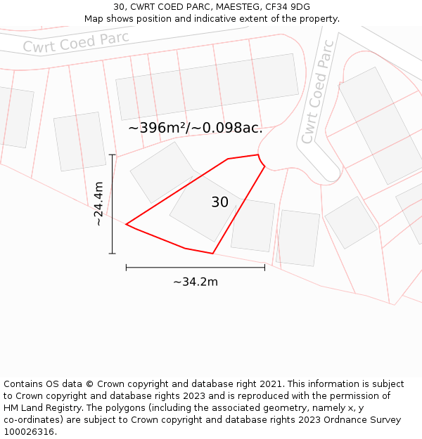 30, CWRT COED PARC, MAESTEG, CF34 9DG: Plot and title map