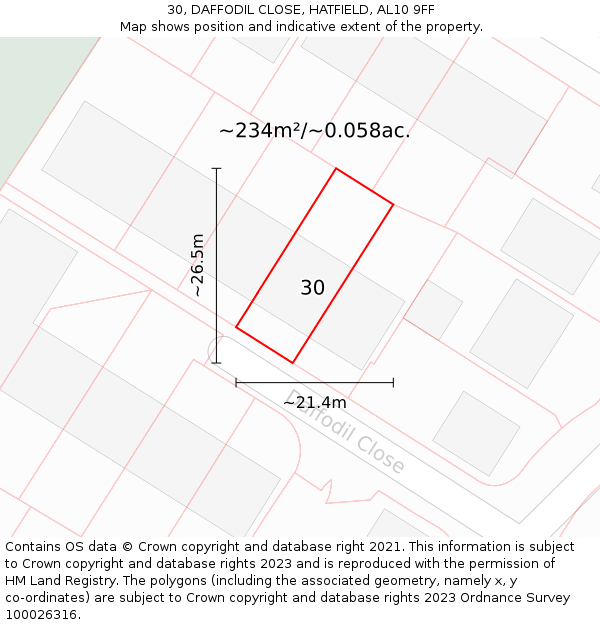 30, DAFFODIL CLOSE, HATFIELD, AL10 9FF: Plot and title map