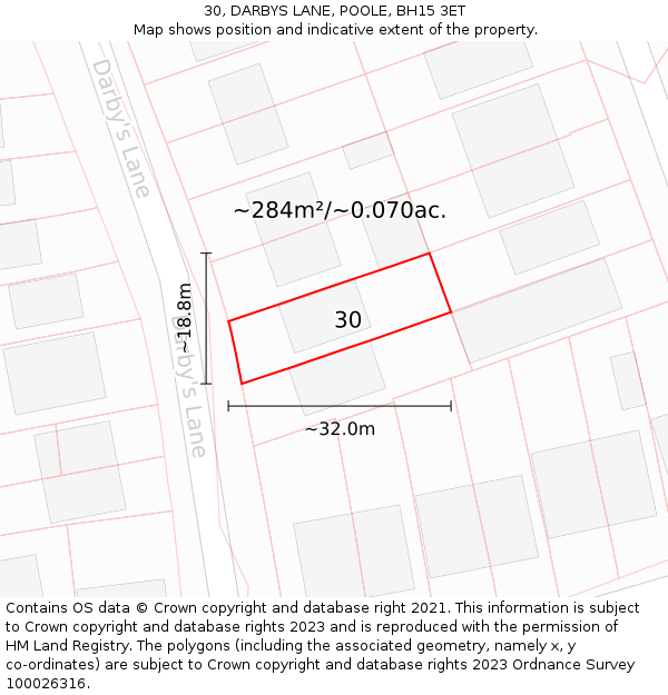 30, DARBYS LANE, POOLE, BH15 3ET: Plot and title map
