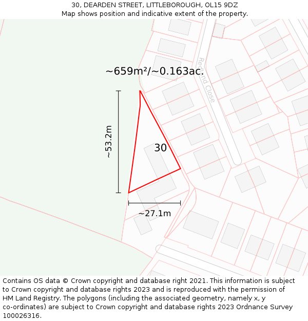 30, DEARDEN STREET, LITTLEBOROUGH, OL15 9DZ: Plot and title map