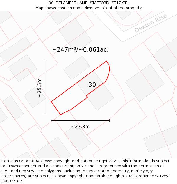 30, DELAMERE LANE, STAFFORD, ST17 9TL: Plot and title map