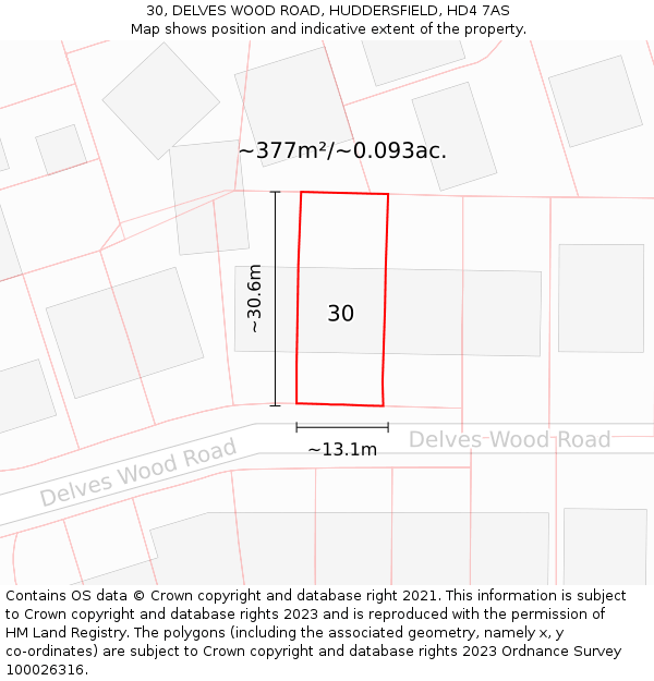 30, DELVES WOOD ROAD, HUDDERSFIELD, HD4 7AS: Plot and title map