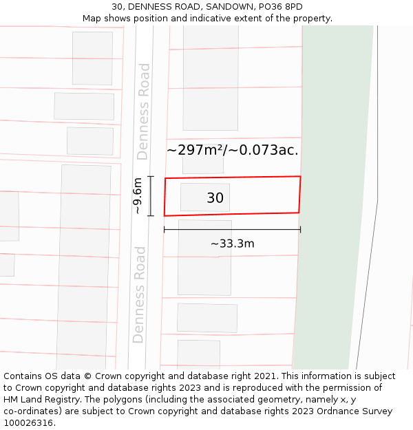 30, DENNESS ROAD, SANDOWN, PO36 8PD: Plot and title map