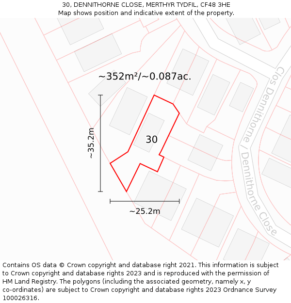 30, DENNITHORNE CLOSE, MERTHYR TYDFIL, CF48 3HE: Plot and title map