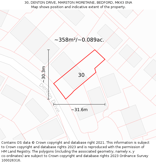 30, DENTON DRIVE, MARSTON MORETAINE, BEDFORD, MK43 0NA: Plot and title map