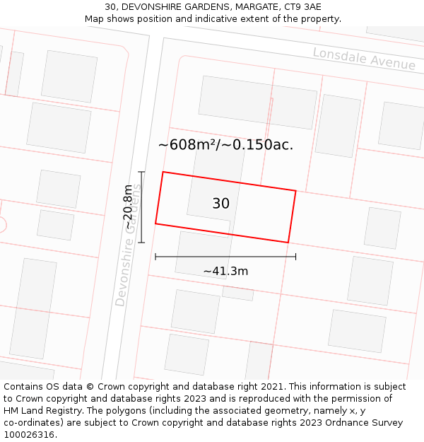 30, DEVONSHIRE GARDENS, MARGATE, CT9 3AE: Plot and title map