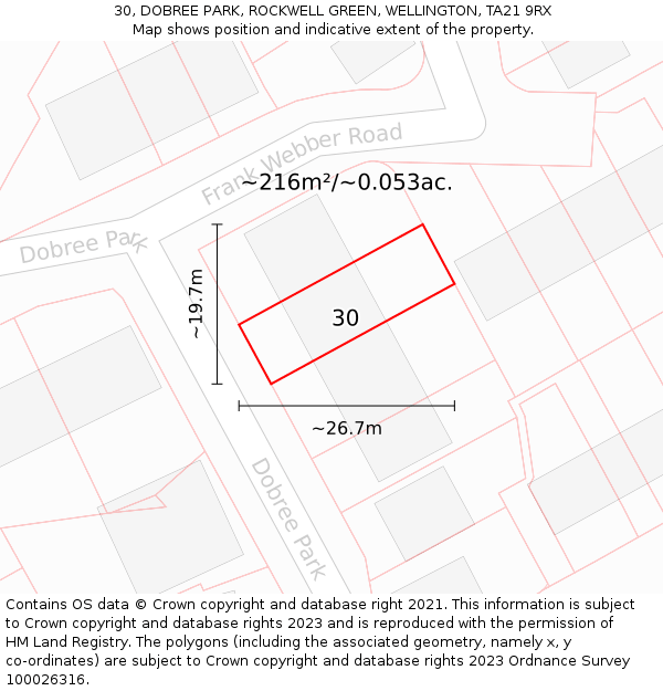 30, DOBREE PARK, ROCKWELL GREEN, WELLINGTON, TA21 9RX: Plot and title map