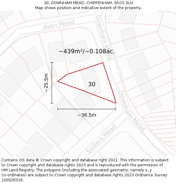 30, DOWNHAM MEAD, CHIPPENHAM, SN15 3LN: Plot and title map