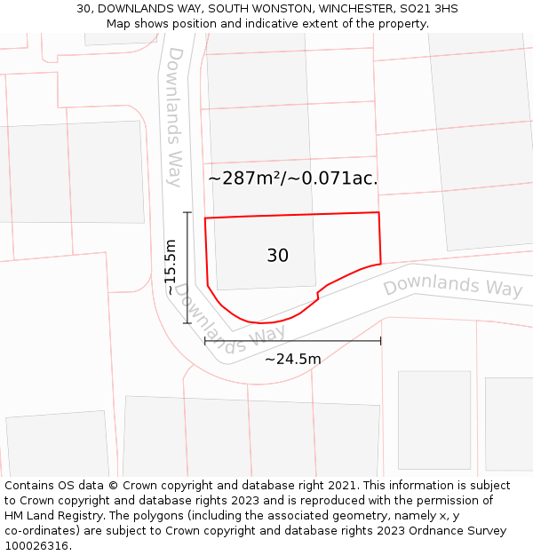 30, DOWNLANDS WAY, SOUTH WONSTON, WINCHESTER, SO21 3HS: Plot and title map