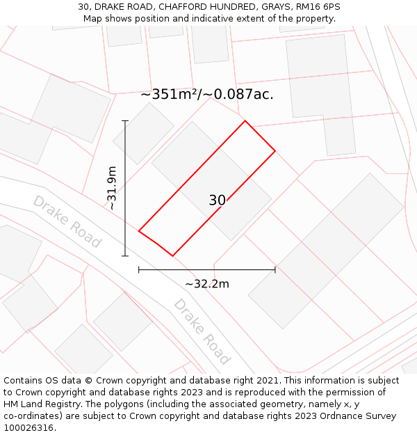 30, DRAKE ROAD, CHAFFORD HUNDRED, GRAYS, RM16 6PS: Plot and title map