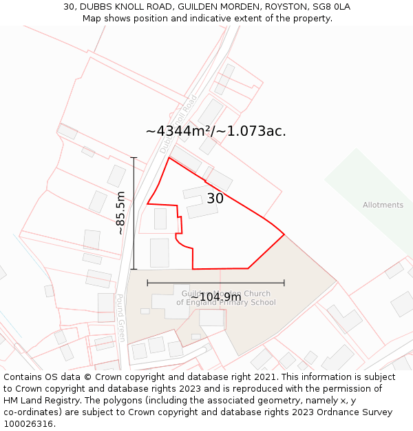 30, DUBBS KNOLL ROAD, GUILDEN MORDEN, ROYSTON, SG8 0LA: Plot and title map