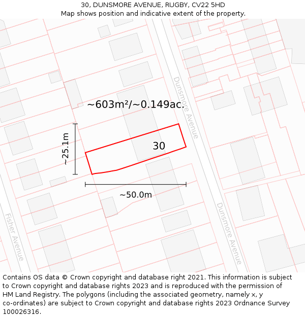 30, DUNSMORE AVENUE, RUGBY, CV22 5HD: Plot and title map