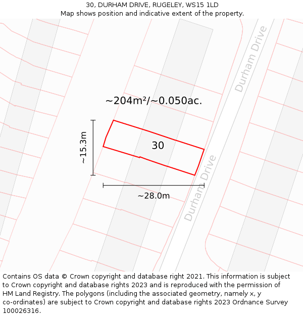30, DURHAM DRIVE, RUGELEY, WS15 1LD: Plot and title map