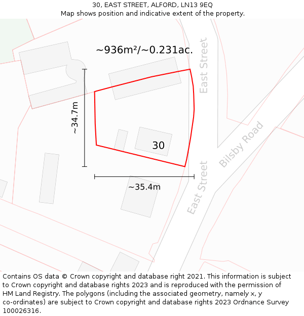 30, EAST STREET, ALFORD, LN13 9EQ: Plot and title map