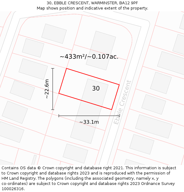 30, EBBLE CRESCENT, WARMINSTER, BA12 9PF: Plot and title map