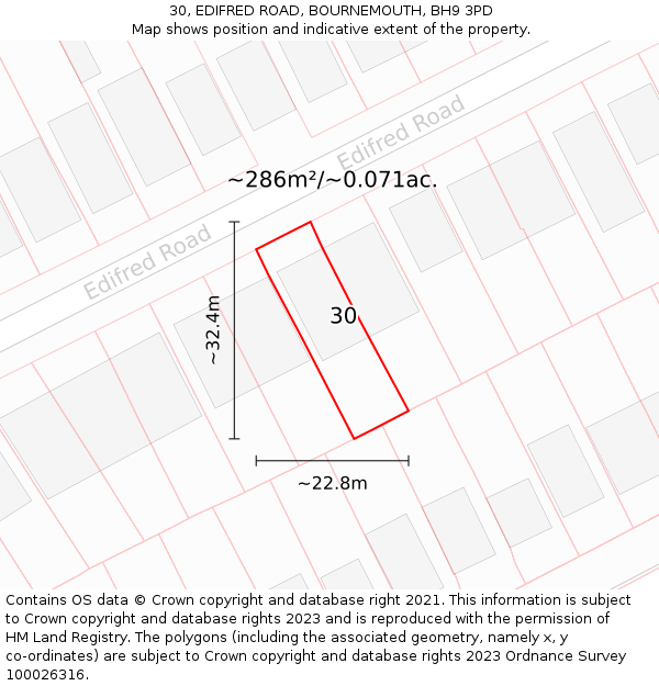 30, EDIFRED ROAD, BOURNEMOUTH, BH9 3PD: Plot and title map