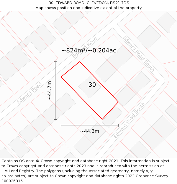 30, EDWARD ROAD, CLEVEDON, BS21 7DS: Plot and title map