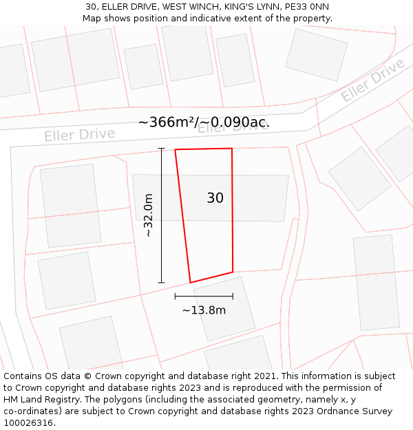 30, ELLER DRIVE, WEST WINCH, KING'S LYNN, PE33 0NN: Plot and title map