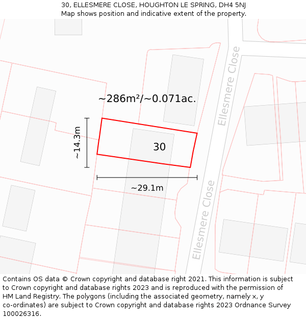 30, ELLESMERE CLOSE, HOUGHTON LE SPRING, DH4 5NJ: Plot and title map